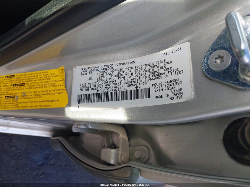 2002 Lexus Rx 300 VIN: JTJGF10U620125011 Lot: 43732331