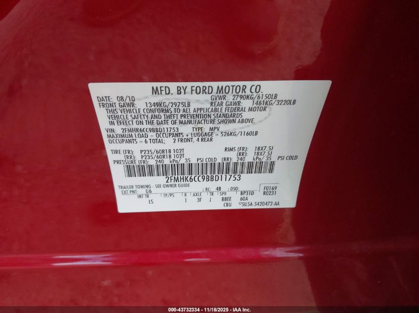 2011 Ford Flex Sel VIN: 2FMHK6CC9BBD11753 Lot: 43732334