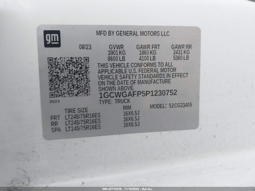 2023 Chevrolet Express Cargo Rwd 2500 Regular Wheelbase Wt VIN: 1GCWGAFP5P1230752 Lot: 43732338
