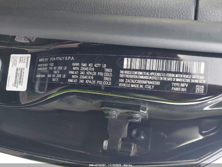 2021 Jeep Renegade Latitude Fwd VIN: ZACNJCBB9MPM49399 Lot: 43732357