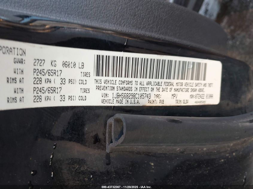 2008 Jeep Grand Cherokee Overland VIN: 1J8HS68298C105743 Lot: 43732367