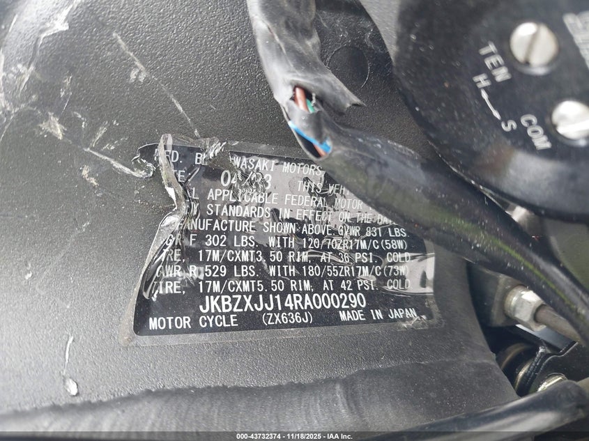 2024 Kawasaki Zx636 K VIN: JKBZXJJ14RA000290 Lot: 43732374