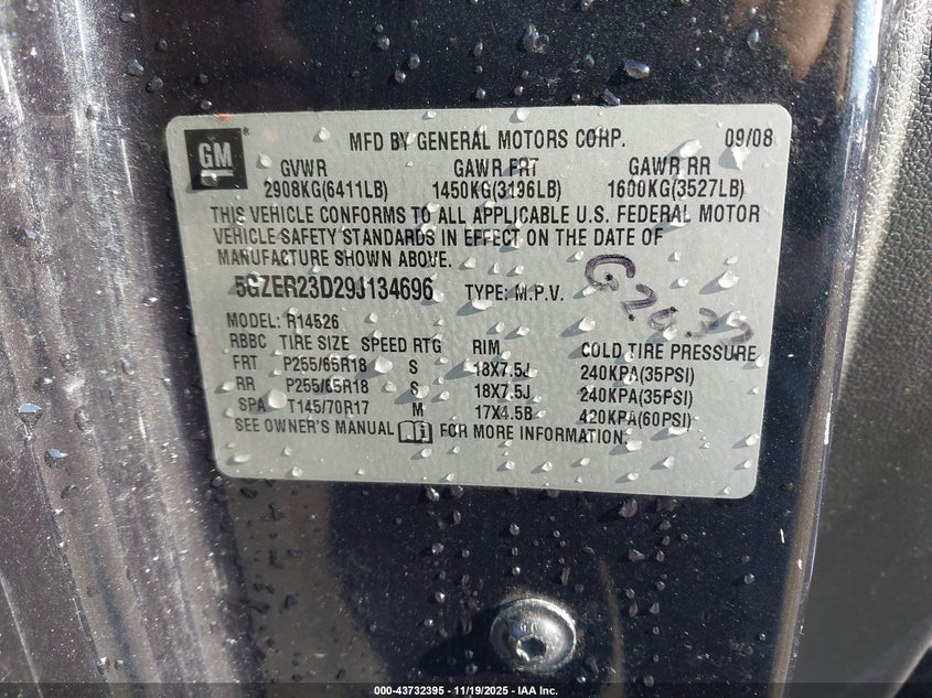 2009 Saturn Outlook Xr VIN: 5GZER23D29J134696 Lot: 43732395