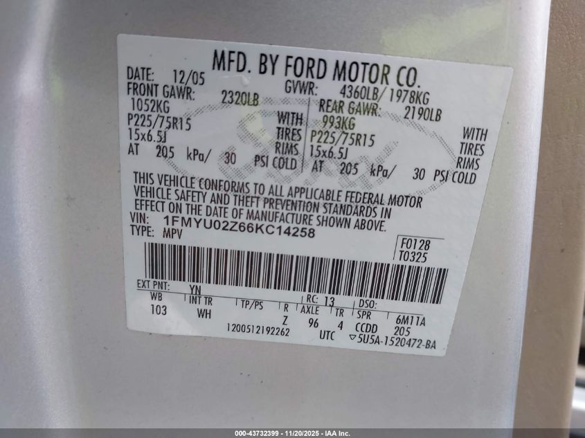 2006 Ford Escape Xls/Xls Manual VIN: 1FMYU02Z66KC14258 Lot: 43732399