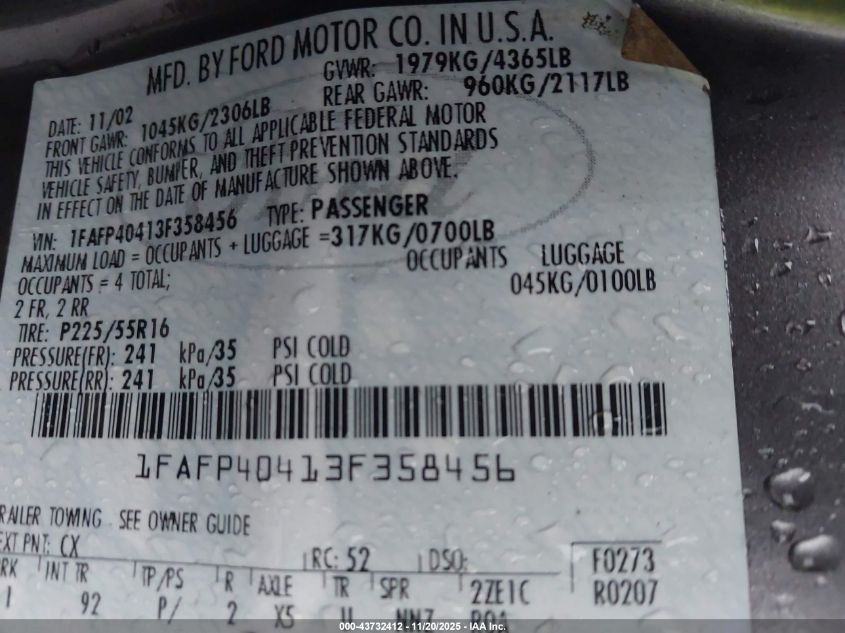 2003 Ford Mustang VIN: 1FAFP40413F358456 Lot: 43732412