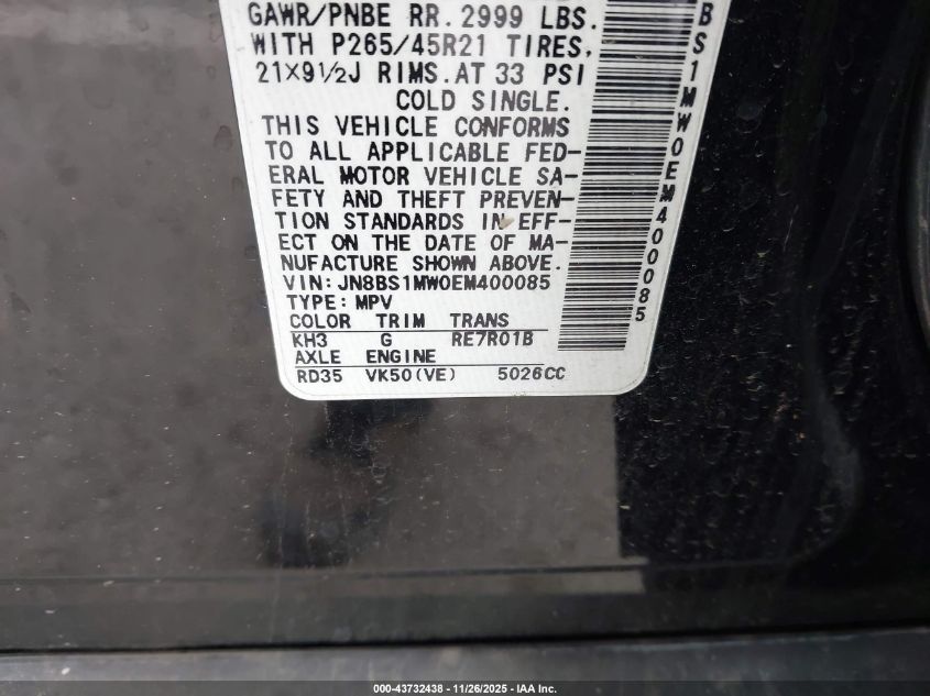 2014 Infiniti Qx70 Base V8 VIN: JN8BS1MW0EM400085 Lot: 43732438