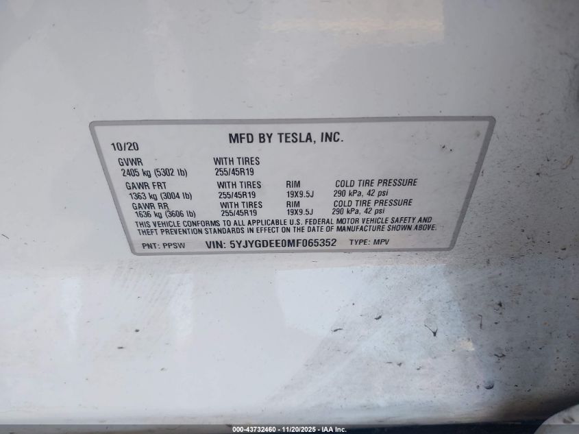 2021 Tesla Model Y Long Range Dual Motor All-Wheel Drive VIN: 5YJYGDEE0MF065352 Lot: 43732460