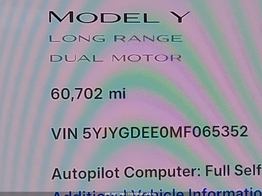 2021 Tesla Model Y Long Range Dual Motor All-Wheel Drive VIN: 5YJYGDEE0MF065352 Lot: 43732460