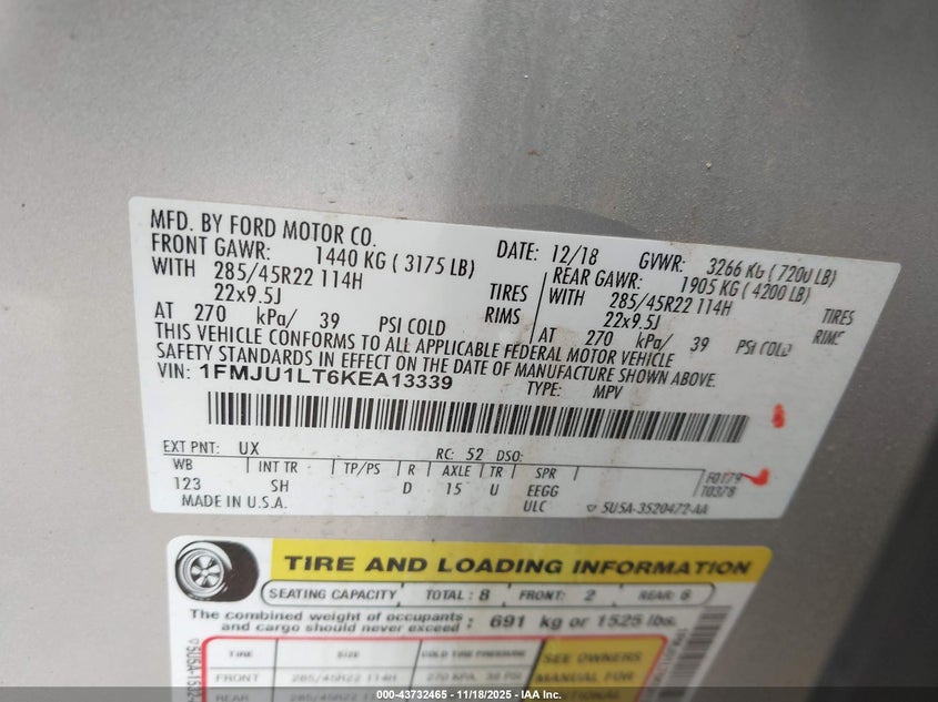 2019 Ford Expedition Platinum VIN: 1FMJU1LT6KEA13339 Lot: 43732465