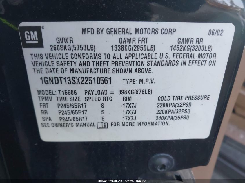 2002 Chevrolet Trailblazer Ltz VIN: 1GNDT13SX22510561 Lot: 43732470