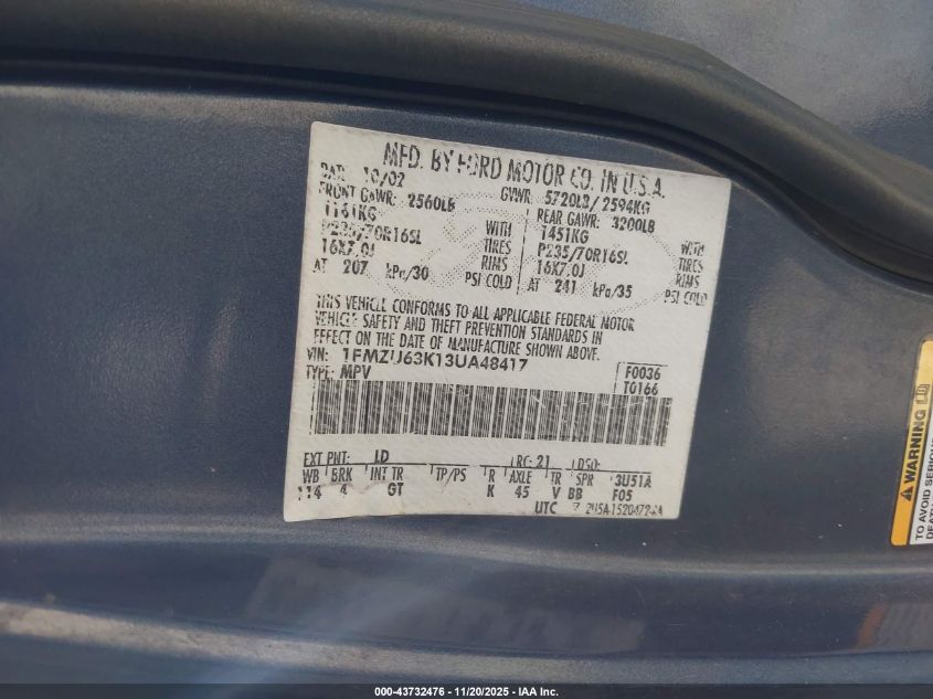 2003 Ford Explorer Nbx/Xlt VIN: 1FMZU63K13UA48417 Lot: 43732476