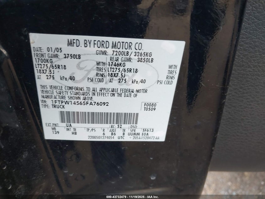 1FTPW14565FA76092 2005 FORD F-150 photo no. 9