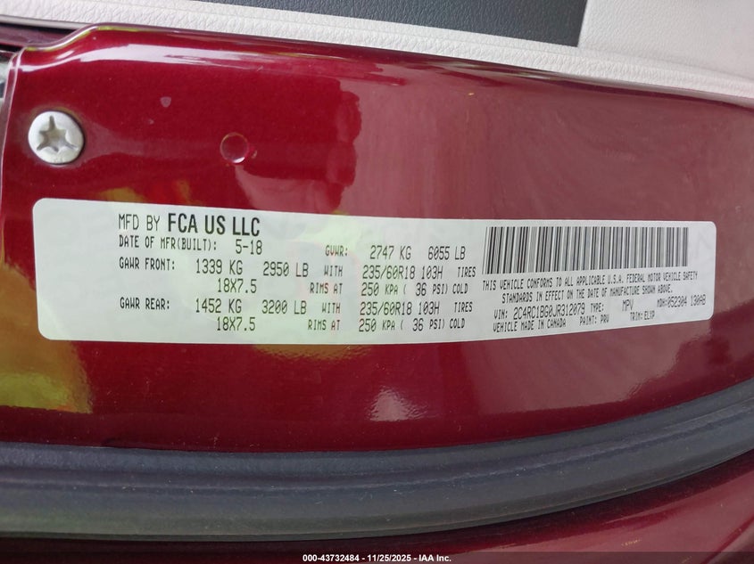 2018 Chrysler Pacifica Touring L VIN: 2C4RC1BG0JR312079 Lot: 43732484