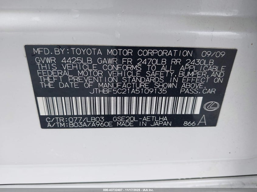 JTHBF5C21A5109135 2010 LEXUS IS photo no. 9