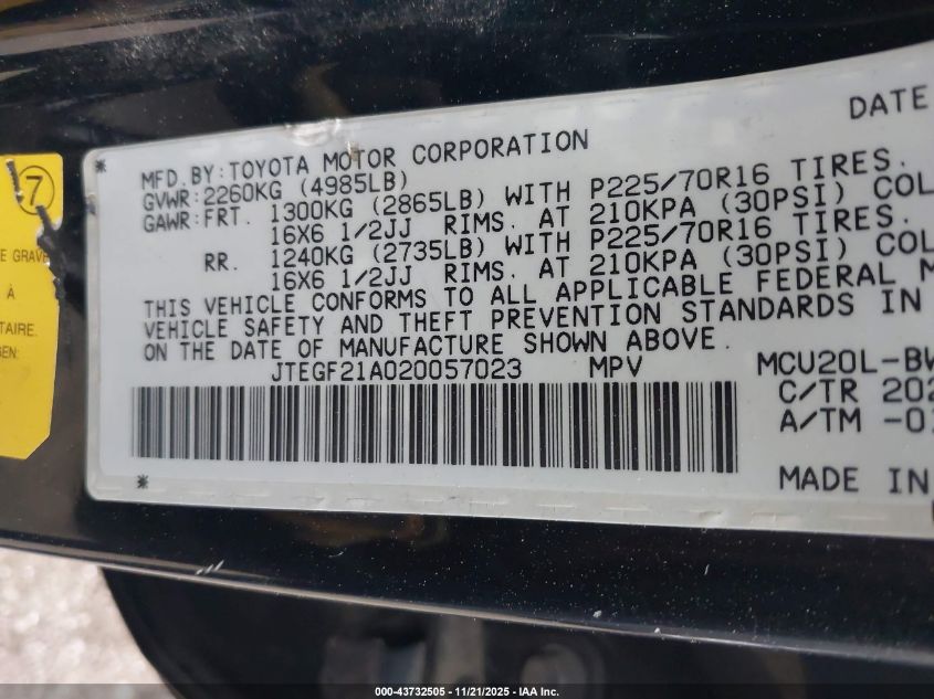 2002 Toyota Highlander Limited VIN: JTEGF21A020057023 Lot: 43732505