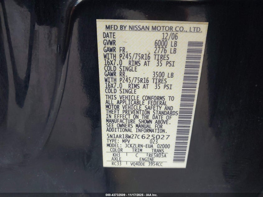 2007 Nissan Pathfinder S VIN: 5N1AR18W27C625027 Lot: 43732509