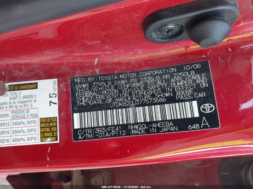 2007 Toyota Prius VIN: JTDKB20U377573686 Lot: 43732538