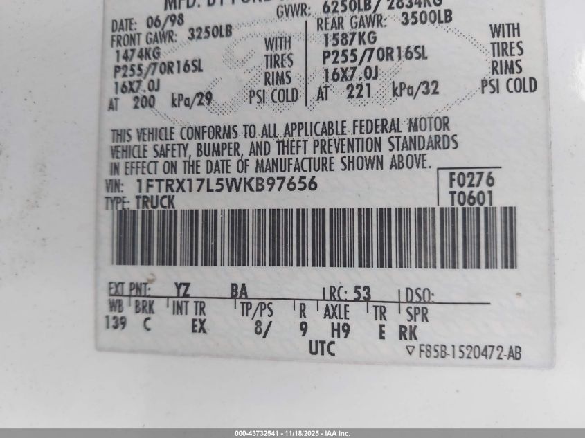 1998 Ford F-150 Lariat/Xl/Xlt VIN: 1FTRX17L5WKB97656 Lot: 43732541