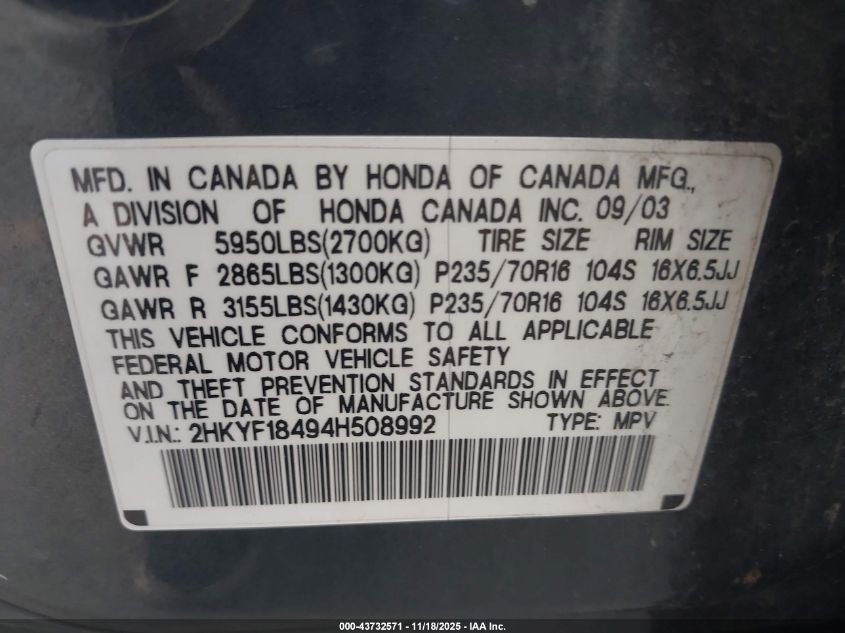 2004 Honda Pilot Ex VIN: 2HKYF18494H508992 Lot: 43732571