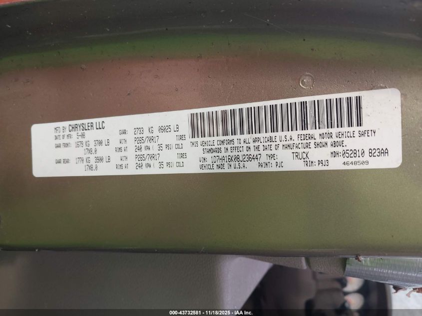 2008 Dodge Ram 1500 St/Sxt VIN: 1D7HA16K08J236447 Lot: 43732581