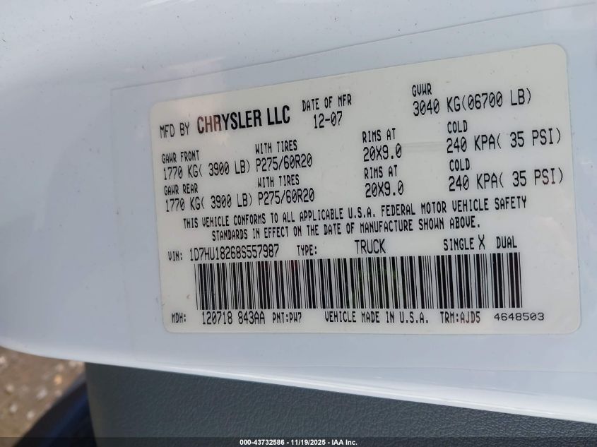 2008 Dodge Ram 1500 Slt VIN: 1D7HU18268S557987 Lot: 43732586