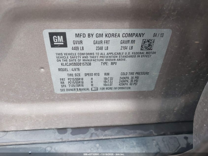 2013 Buick Encore Premium VIN: KL4CJHSB0DB157538 Lot: 43732591