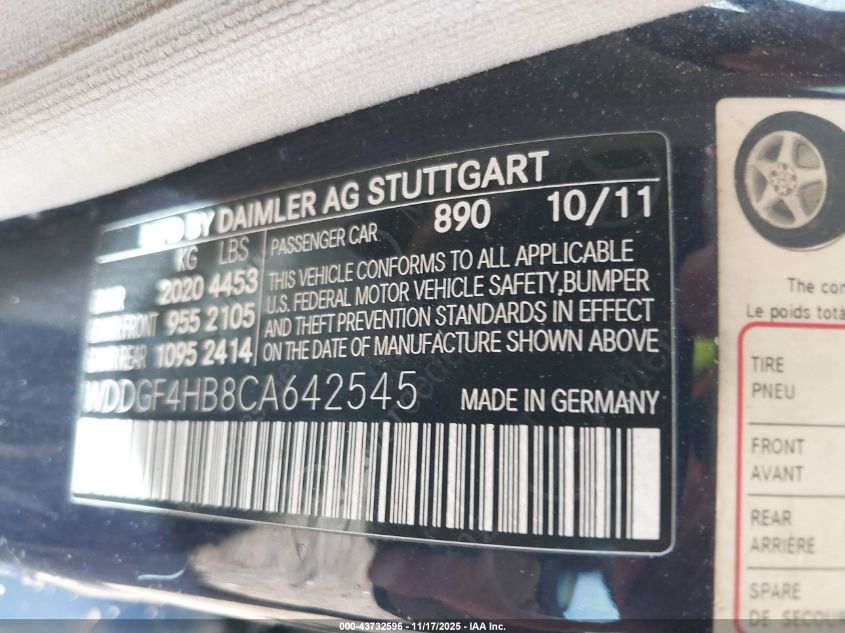 2012 Mercedes-Benz C 250 Luxury VIN: WDDGF4HB8CA642545 Lot: 43732596