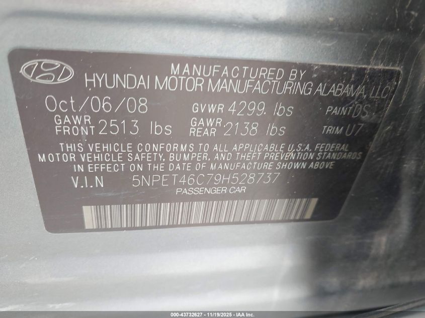 2009 Hyundai Sonata Gls VIN: 5NPET46C79H528737 Lot: 43732627