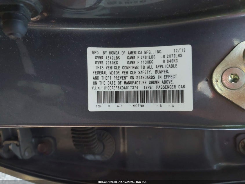 1HGCR3F8XDA017374 2013 HONDA ACCORD photo no. 9