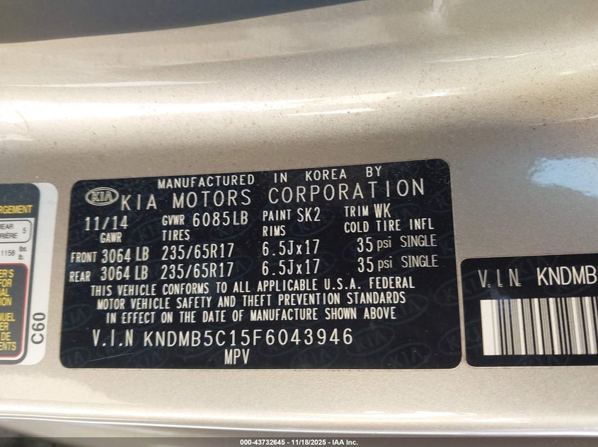2015 Kia Sedona Lx VIN: KNDMB5C15F6043946 Lot: 43732645