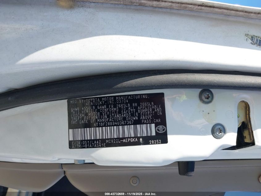 2004 Toyota Avalon Xls VIN: 4T1BF28B94U367367 Lot: 43732659