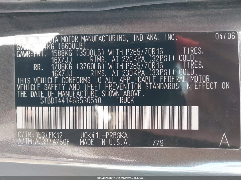 2006 Toyota Tundra Sr5 V8 VIN: 5TBDT44146S530540 Lot: 43732667