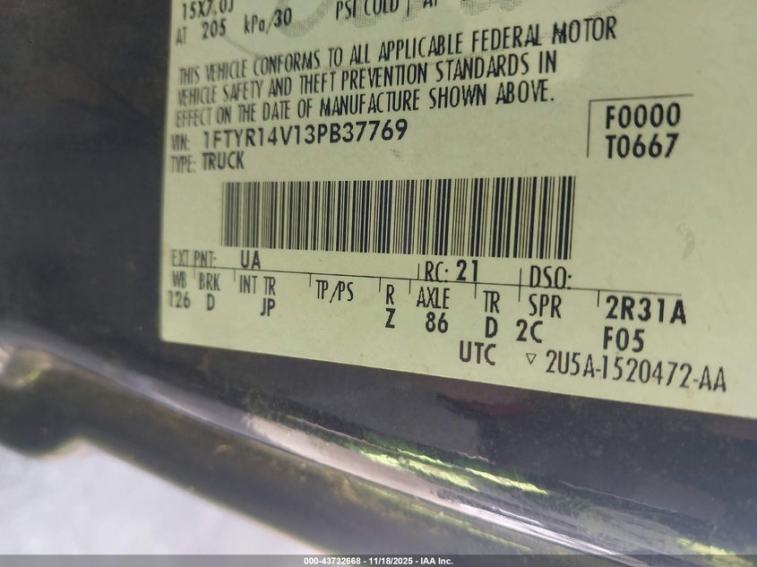 2003 Ford Ranger Edge/Tremor/Xl/Xlt VIN: 1FTYR14V13PB37769 Lot: 43732668