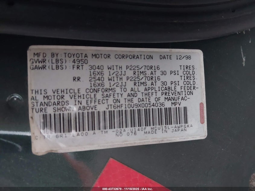 1999 Lexus Rx 300 VIN: JT6HF10U9X0054036 Lot: 43732679