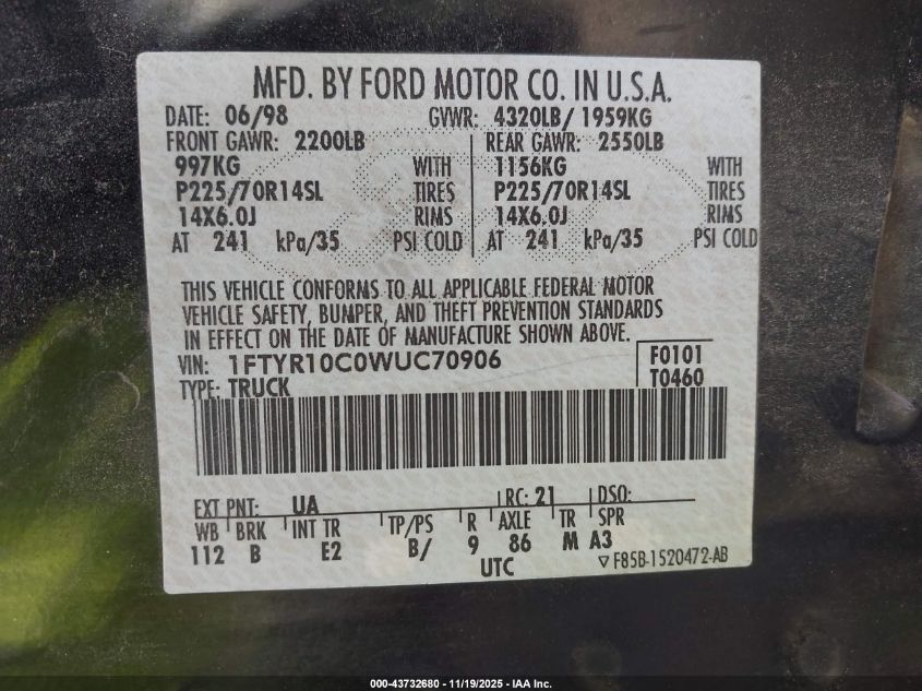 1998 Ford Ranger Splash/Xl/Xlt VIN: 1FTYR10C0WUC70906 Lot: 43732680