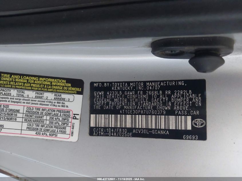 2007 Toyota Camry Solara Se VIN: 4T1CE30P87U760379 Lot: 43732681