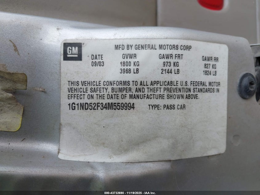 2004 Chevrolet Classic VIN: 1G1ND52F34M559994 Lot: 43732690