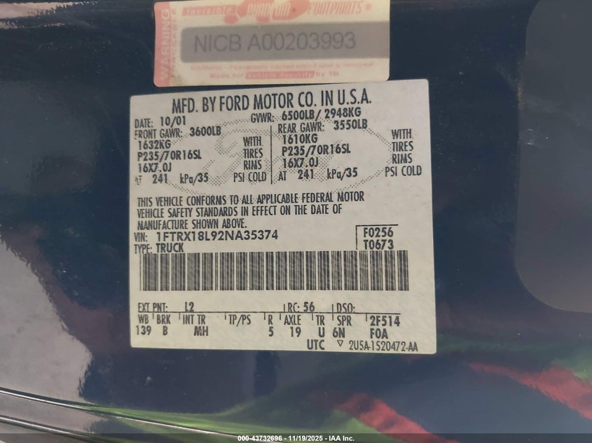 2002 Ford F-150 Lariat/Xl/Xlt VIN: 1FTRX18L92NA35374 Lot: 43732696