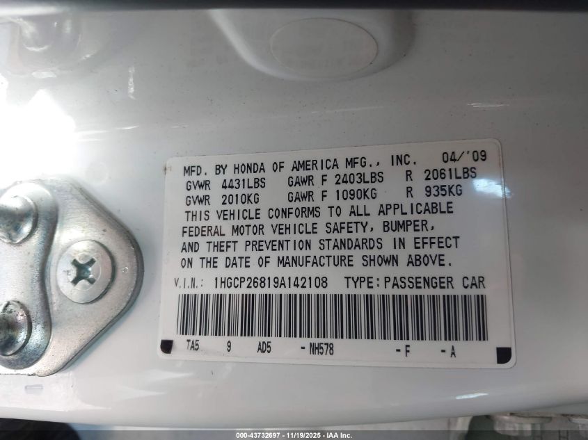 2009 Honda Accord 2.4 Ex-L VIN: 1HGCP26819A142108 Lot: 43732697