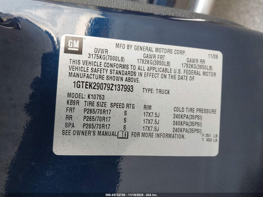 2009 GMC Sierra 1500 Sle VIN: 1GTEK29079Z137993 Lot: 43732700