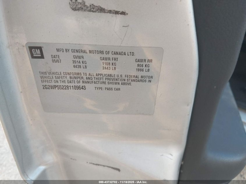 2008 Pontiac Grand Prix VIN: 2G2WP552281109643 Lot: 43732702