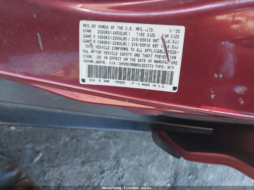 2005 Honda Cr-V Ex VIN: SHSRD78885U322773 Lot: 43732705