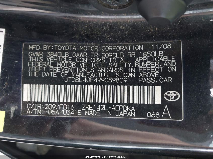 2009 Toyota Corolla Le VIN: JTDBL40E499089809 Lot: 43732711