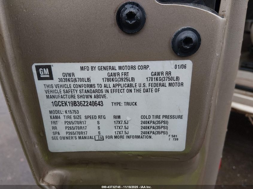 2006 Chevrolet Silverado 1500 Lt1 VIN: 1GCEK19B36Z240643 Lot: 43732745