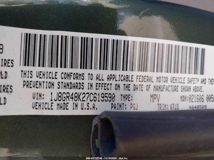 2007 Jeep Grand Cherokee Laredo VIN: 1J8GR48K27C619590 Lot: 43732746