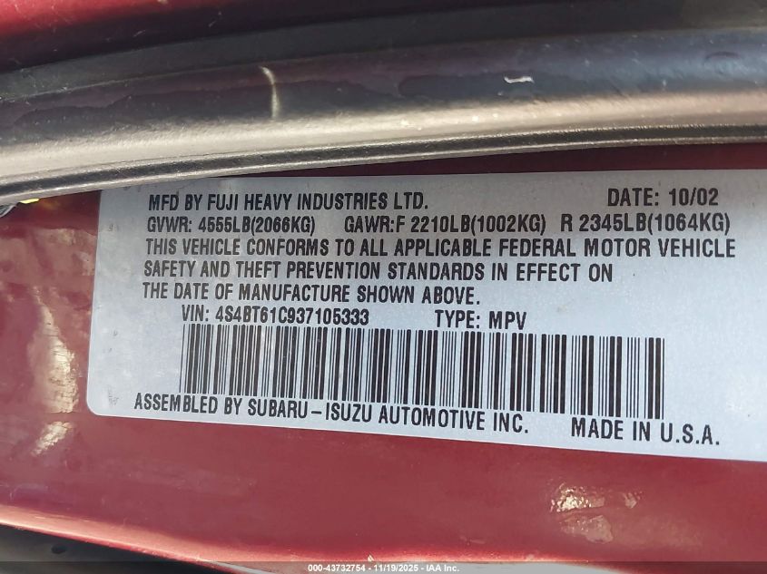 2003 Subaru Baja VIN: 4S4BT61C937105333 Lot: 43732754