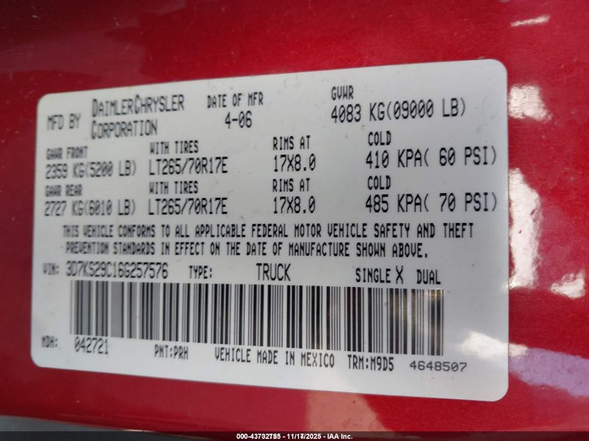 2006 Dodge Ram 2500 Slt VIN: 3D7KS29C16G257576 Lot: 43732755