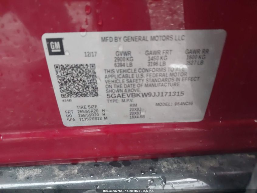 2018 Buick Enclave Premium VIN: 5GAEVBKW9JJ171315 Lot: 43732765