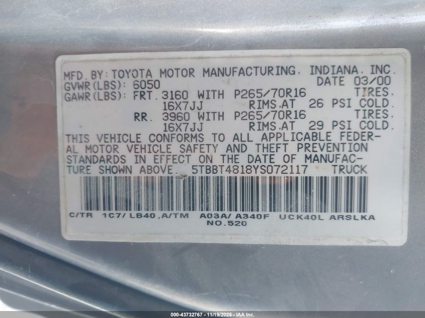 2000 Toyota Tundra Ltd V8 VIN: 5TBBT4818YS072117 Lot: 43732767