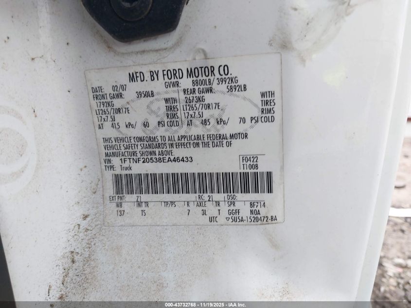 2008 Ford F-250 Xl/Xlt VIN: 1FTNF20538EA46433 Lot: 43732768
